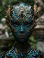 Mystical fantasy portrait with intricate feather pattern photo