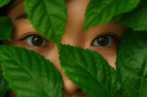 Mysterious eyes peeking through lush green leaves photo