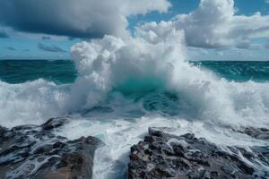 Powerful ocean wave crashing against rocks photo