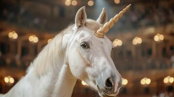 Magical white unicorn with golden horn photo