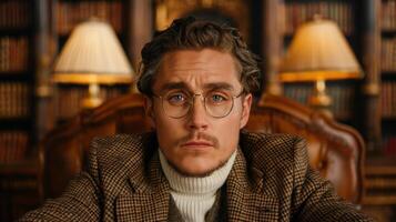 Pensive man in a cozy library photo