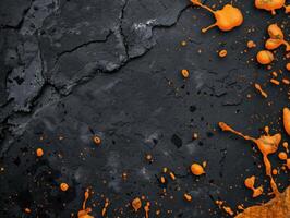 Vibrant orange paint splatter on dark textured background photo