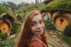 Smiling woman in front of colorful hobbit style houses photo