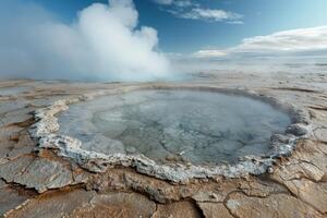 Steaming geothermal pool in volcanic landscape photo