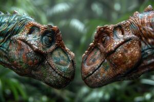 Close up of two colorful chameleon faces photo