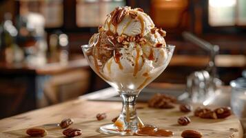 delicious ice cream sundae with caramel drizzle and pecans photo