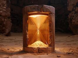Hourglass timer in wooden frame with golden sand photo