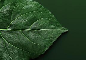 Close up of a green leaf with intricate veins and patterns photo
