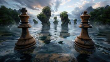 Surreal landscape with floating islands and chess pieces photo