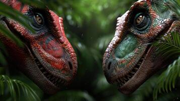 Close up of two colorful dinosaur like creatures in a lush, green environment photo