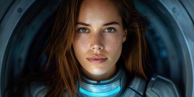 Thoughtful young woman in futuristic spacesuit photo