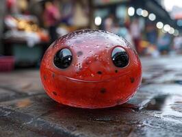 Cute and whimsical red frog figurine with large eyes and water droplets photo