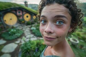 Curious child with vibrant eyes in enchanting natural setting photo