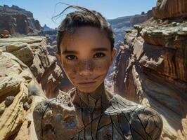 Adventurous explorer in stunning desert landscape photo