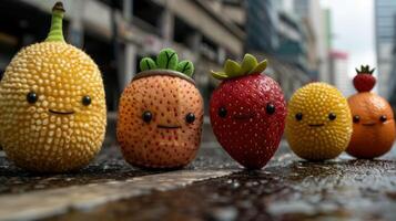 Cute and colorful fruit characters on a wooden surface photo