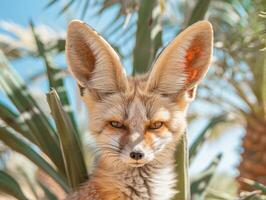 close up of a curious fennec fox in a lush, tropical setting photo
