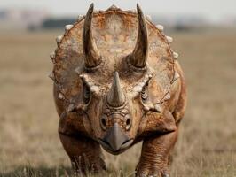 Close up of a triceratops dinosaur in a field photo