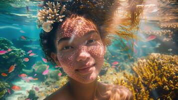 Underwater portrait of a smiling person with glittering skin and coral reef photo