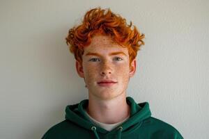 close up portrait of a young man with curly red hair and freckles photo