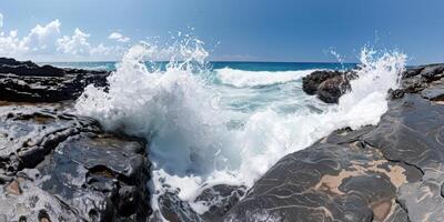 Crashing waves on rocky coastline with turquoise ocean photo