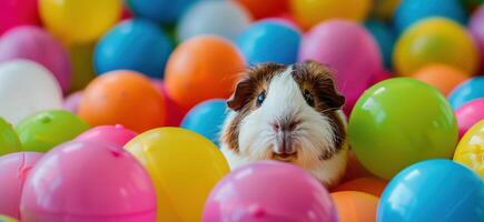 Cute guinea pig surrounded by colorful balloons photo