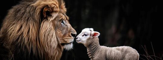 Powerful lion and innocent lamb in close encounter photo