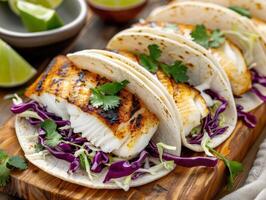 Delicious grilled fish tacos with fresh toppings photo