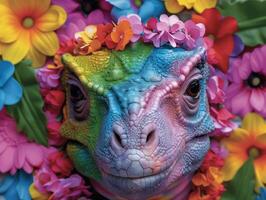 Colorful chameleon surrounded by vibrant flowers photo