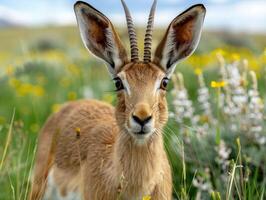 close up of a curious antelope in a field of flowers photo