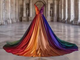 Vibrant rainbow colored gown in grand architectural setting photo