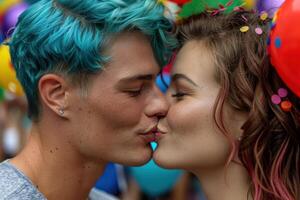 young couple kissing in colorful setting photo