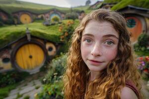 young woman with curly hair in front of colorful house photo