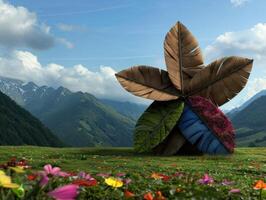 Surreal nature scene with giant leaf sculpture in mountain landscape photo