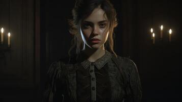 Dramatic portrait of a young woman in a dark, moody setting photo
