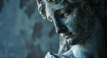 Weathered stone statue with pensive expression photo