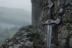 ancient sword embedded in rocky cliff photo