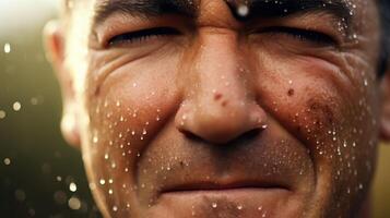 close up portrait of a wet face with water droplets photo