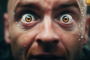 Intense stare of a person with striking orange eyes photo