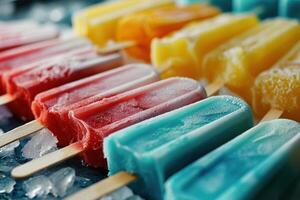 Assorted colorful popsicles on ice photo