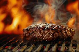 Sizzling steak on a fiery grill photo