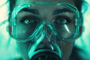 close up of person wearing protective face mask photo