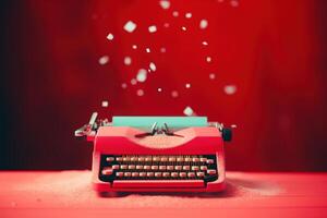 Vintage typewriter on red background with sparkling lights photo