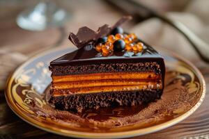 Decadent chocolate cake slice with caramel and candied orange peel photo