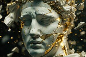 Shattered glass and golden glitter abstract background photo