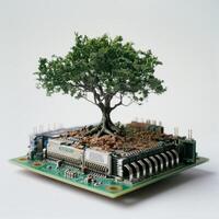 Miniature tree growing on computer circuit board photo
