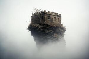Abandoned castle ruins on a cliff in the fog photo