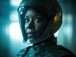 Astronaut in spacesuit with intense expression photo