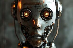 Close up of a rusted and weathered robot face with glowing eyes photo