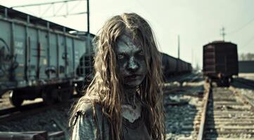 Creepy zombie figure in abandoned industrial setting photo