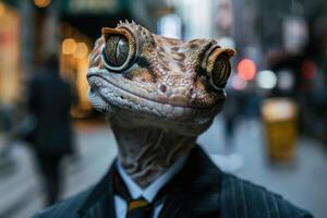 close up of a gecko in a suit photo
